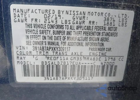 2019 Nissan Sentra Sv из США, поврежденный, VIN 3N1AB7APXKY309117